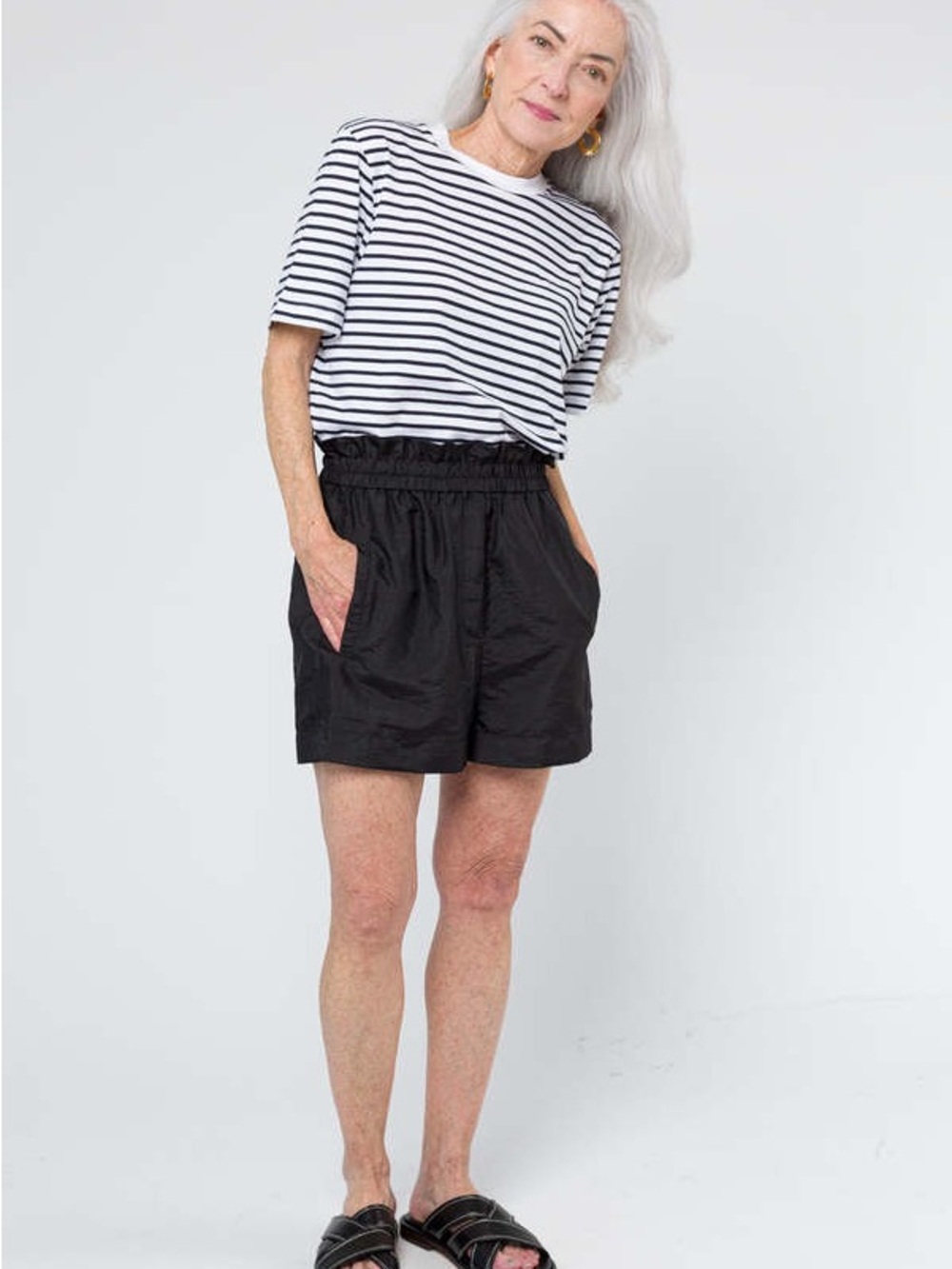 Tibi Black Elastic-Ruffle Waist Shorts